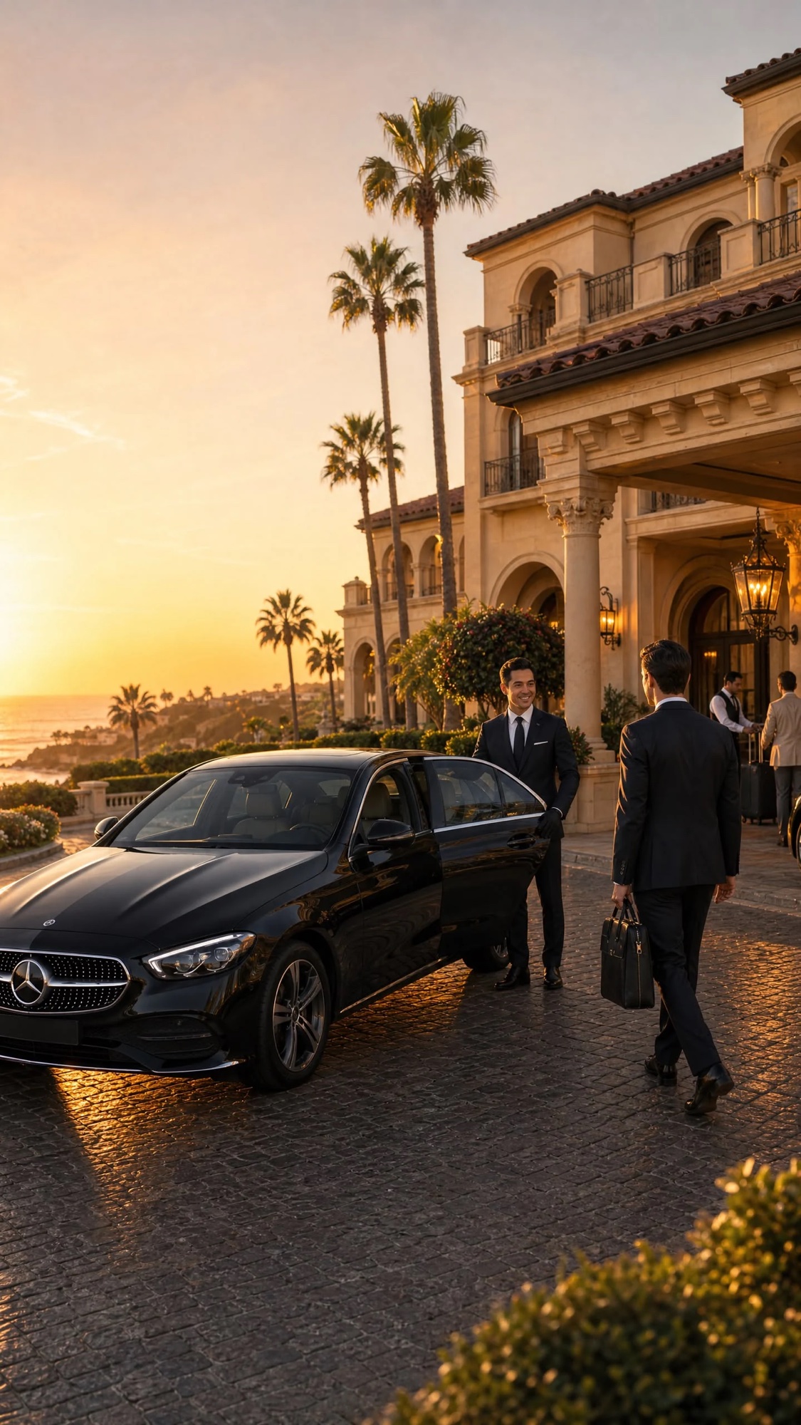 Chauffeur greeting a business traveler beside a black Mercedes sedan at a luxury hotel entrance at sunset