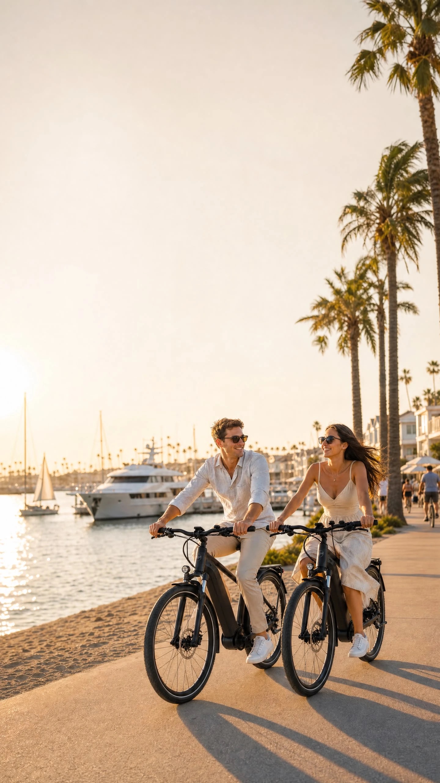Couple riding e-bikes along a marina waterfront at sunset