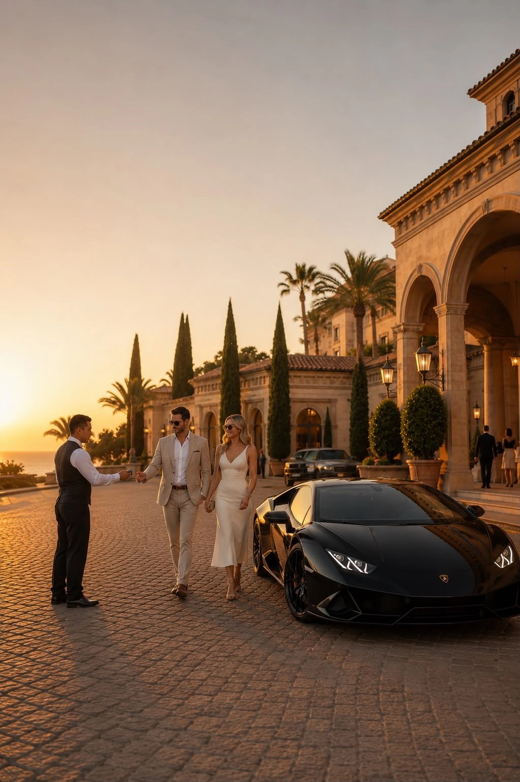 Couple walking toward a black exotic sports car with gullwing door open at a luxury hotel entrance