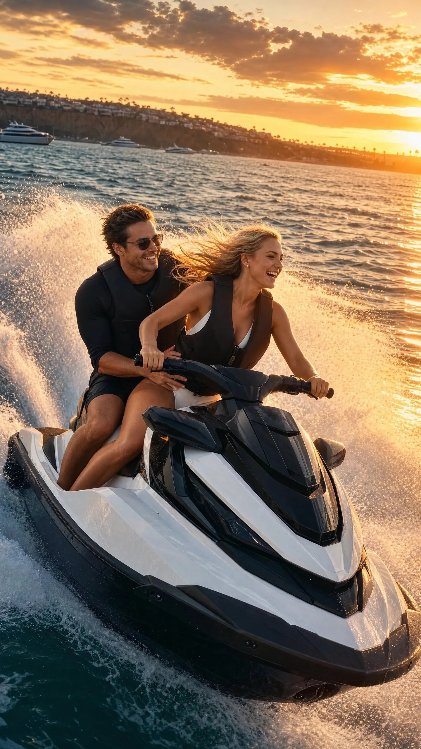 Couple preparing to ride a jet ski at a marina at sunset