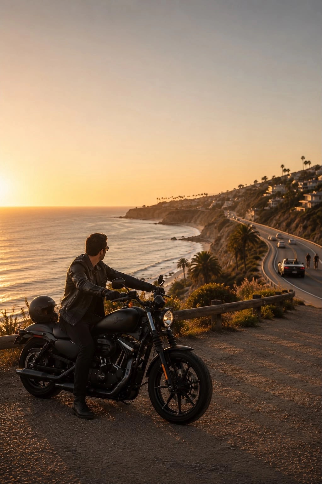 Motorcycle parked on a coastal overlook above the Pacific Ocean at sunset