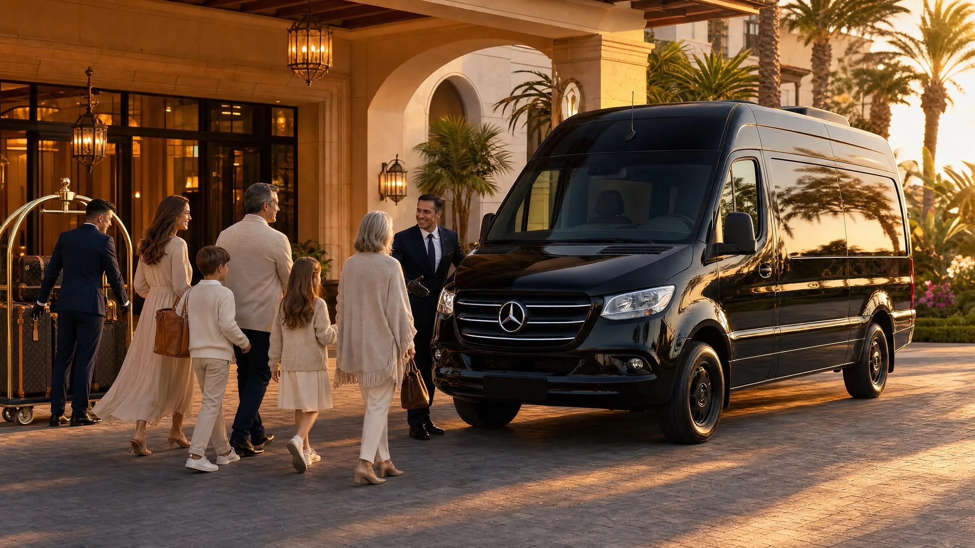 Chauffeur welcoming a multi-generational family beside a black Mercedes van at a luxury hotel entrance