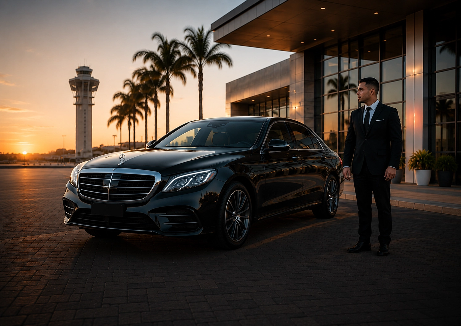 Black executive sedan with a professional chauffeur at an airport terminal