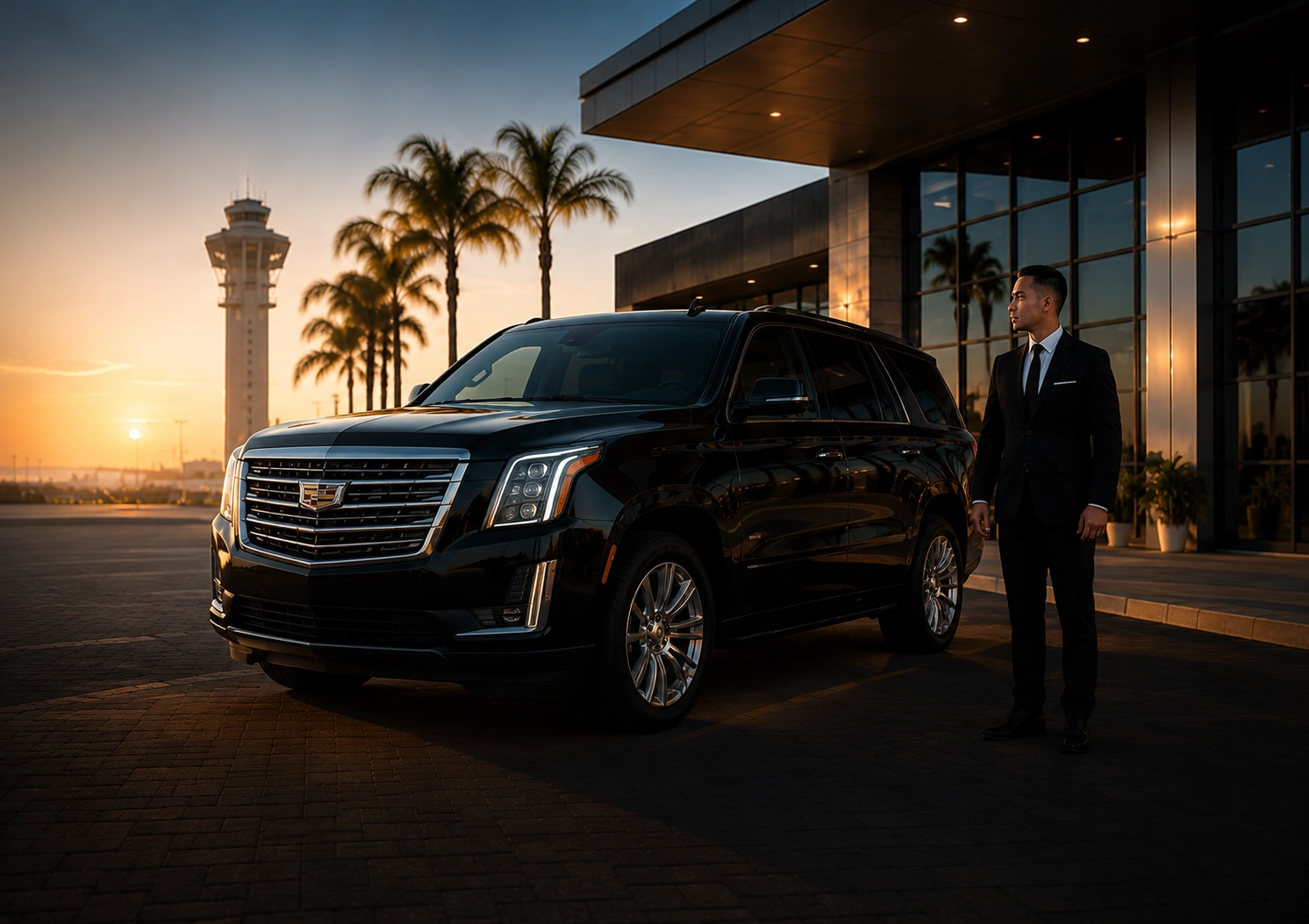 Black premium SUV with a professional chauffeur at an airport terminal