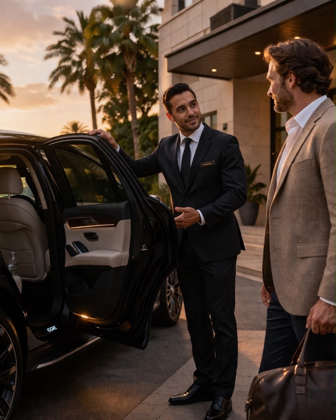 Donation Ride chauffeur opening the SUV door for a guest with luggage at a hotel entrance