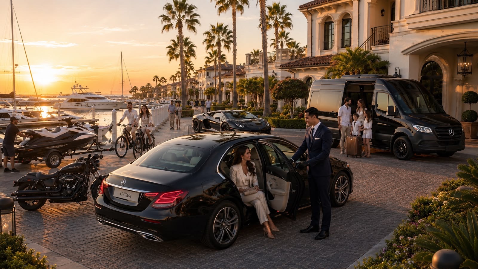 Chauffeur assisting a guest beside a black sedan, with a van, motorcycle, e-bike, jet ski and exotic car nearby at a marina resort