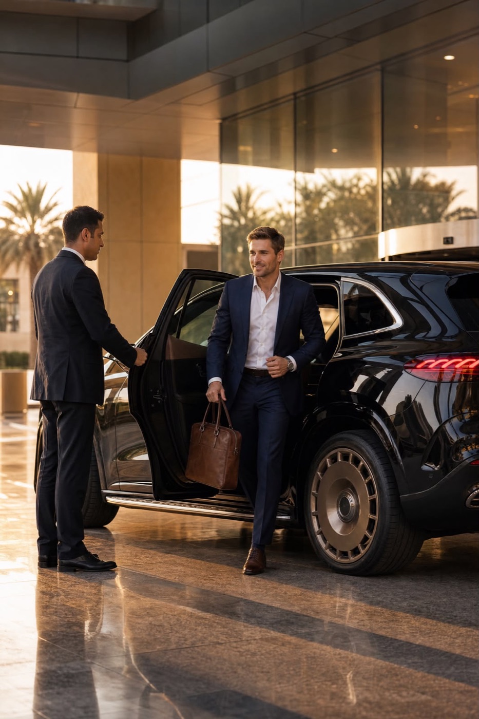 Donation Ride chauffeur opening the door for a client arriving at a hotel entrance
