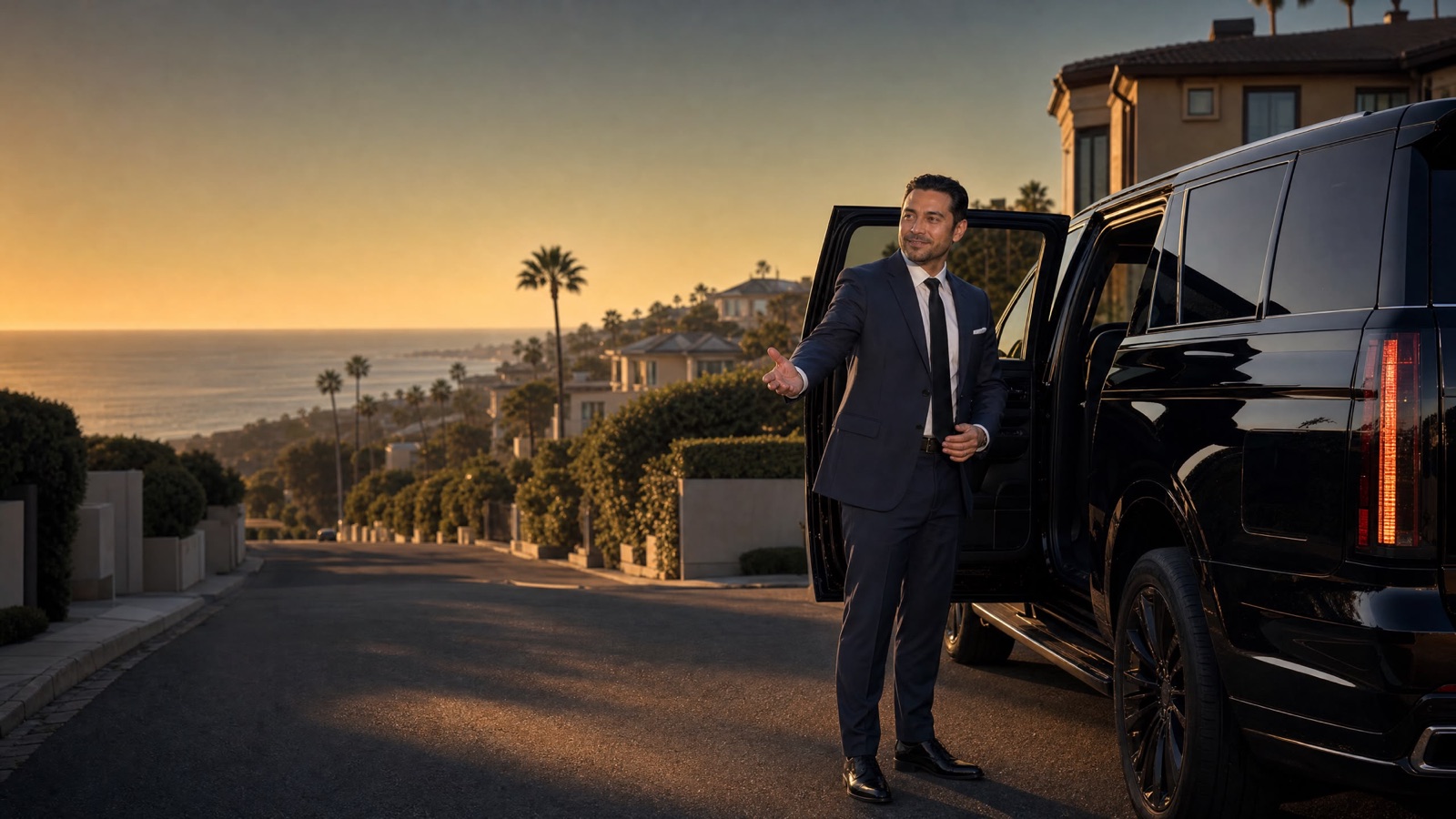 Donation Ride chauffeur holding the door open for a guest beside a black SUV at sunset