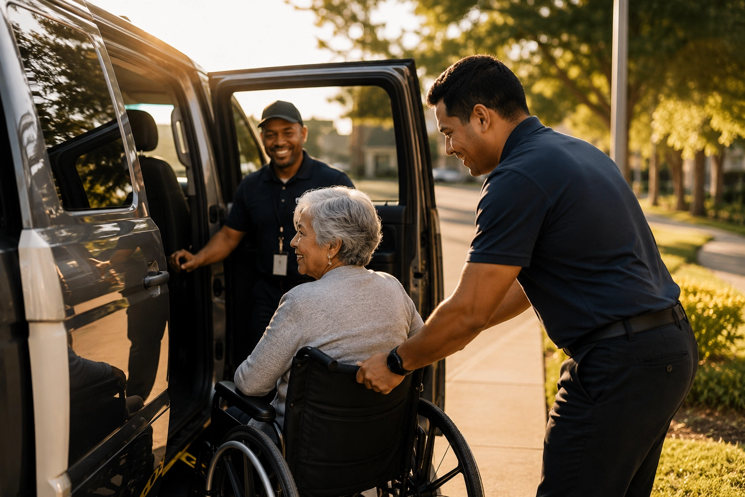 Care team helping a senior wheelchair passenger into an accessible vehicle