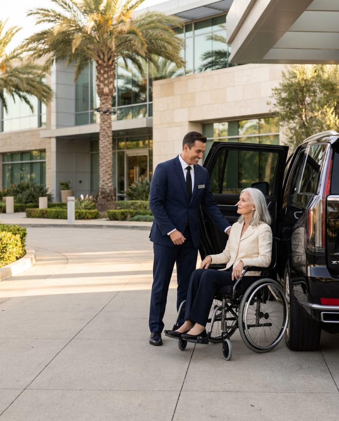 A Donation Ride chauffeur assisting a passenger in a wheelchair beside the vehicle
