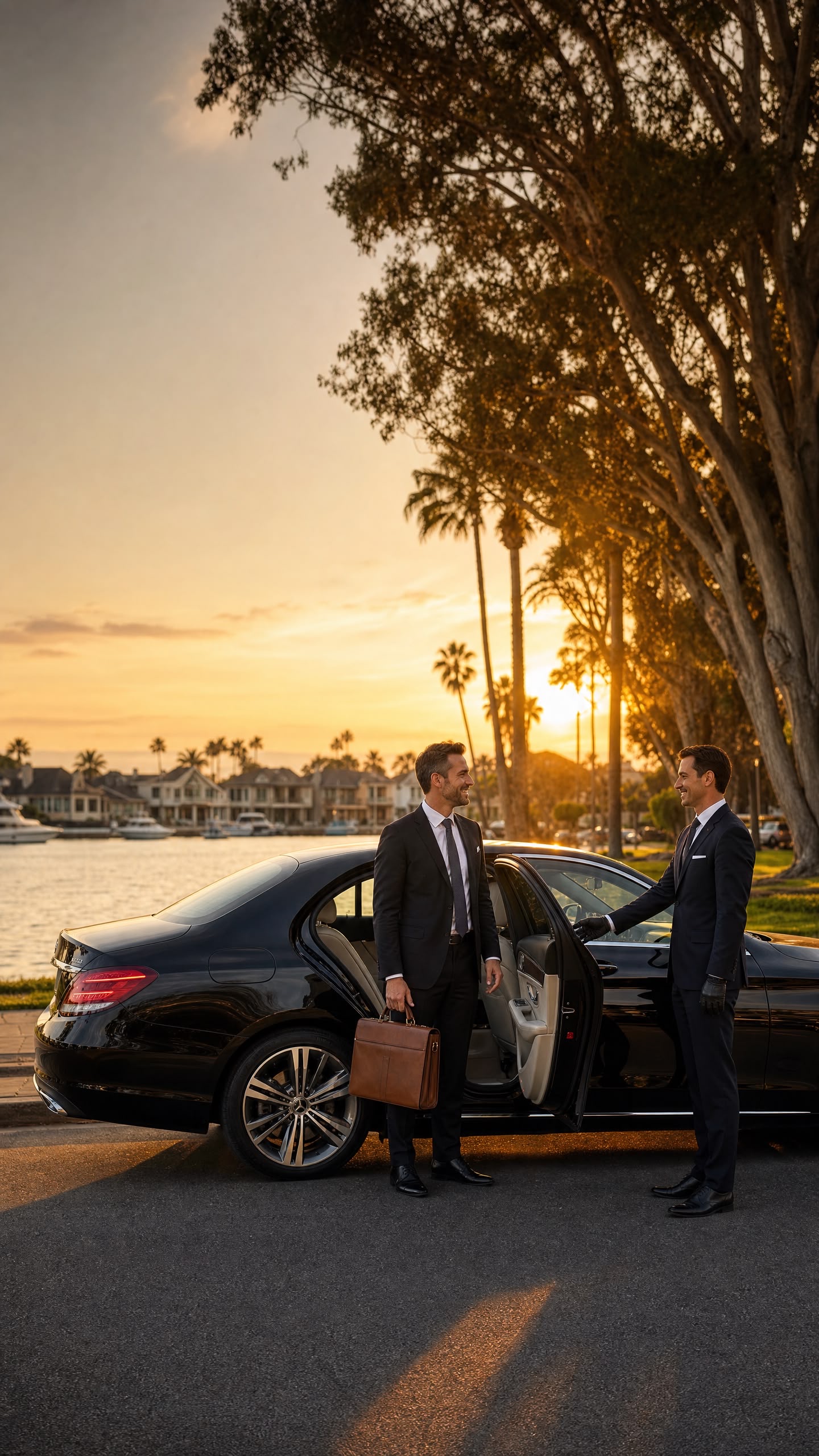 Two business travelers shaking hands beside a black sedan with the door held open at a waterfront estate at sunset