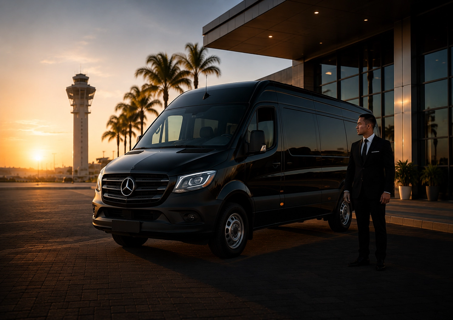 Black executive van with a professional chauffeur at an airport terminal